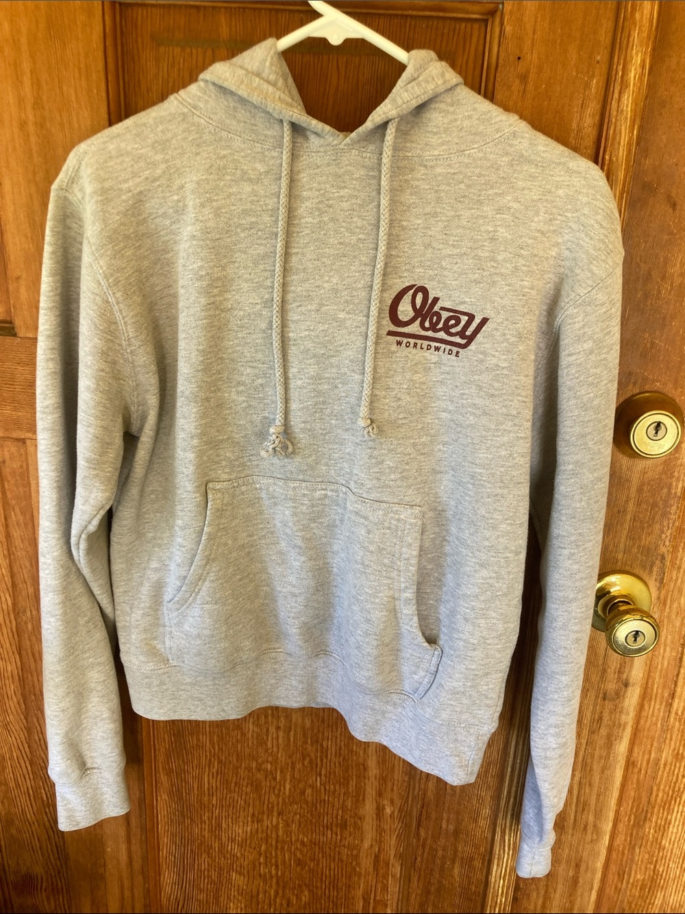 Obey Men's Gray Crewneck Hoodie with Maroon Logo